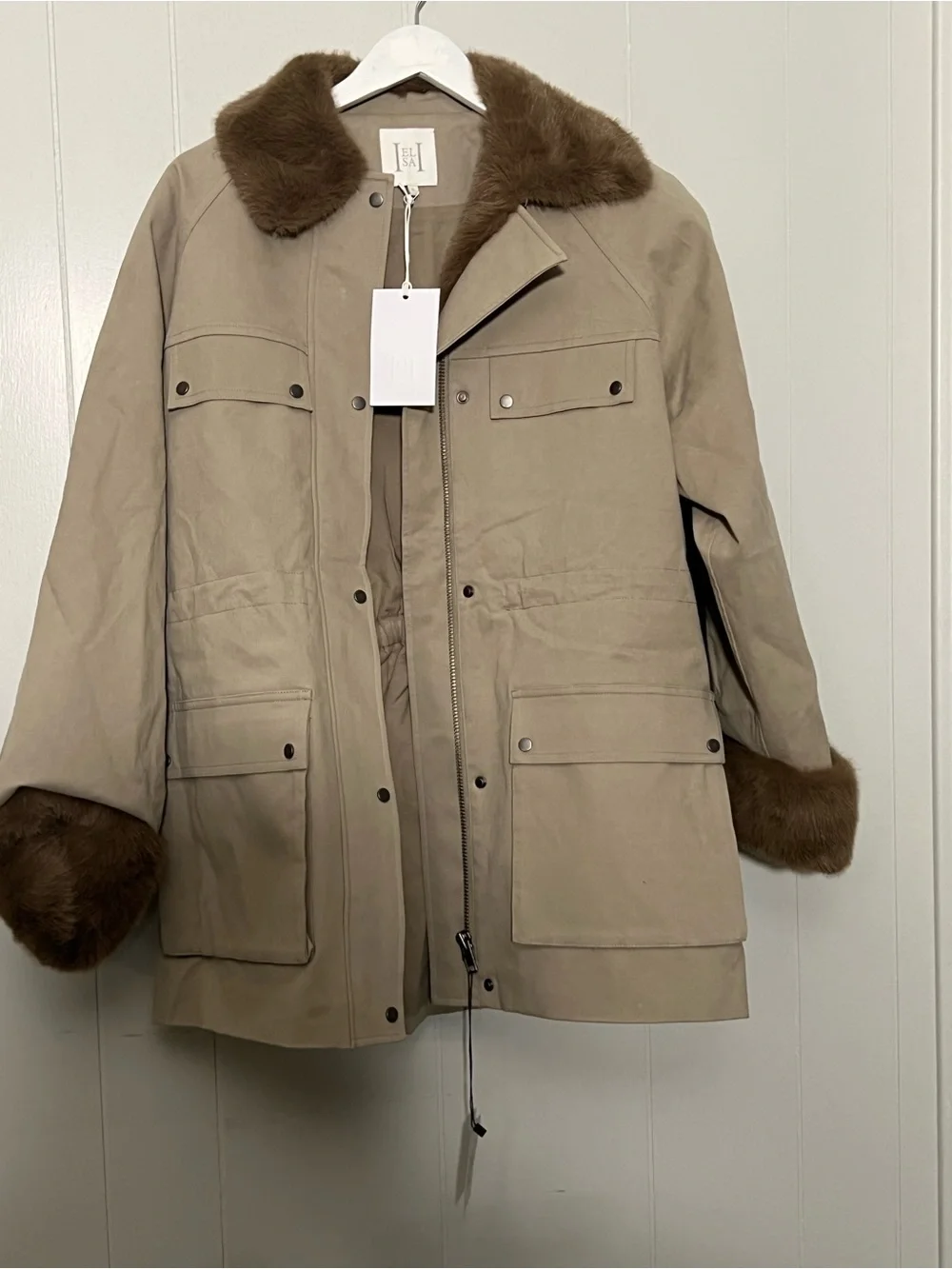 Helsa  The Balmoral Jacket With Faux Fur Trim in Khaki